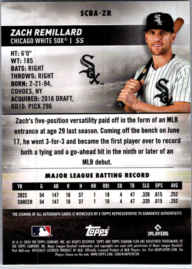 2024 Topps Stadium Club Zach Remillard #SCBA-ZR RC Auto