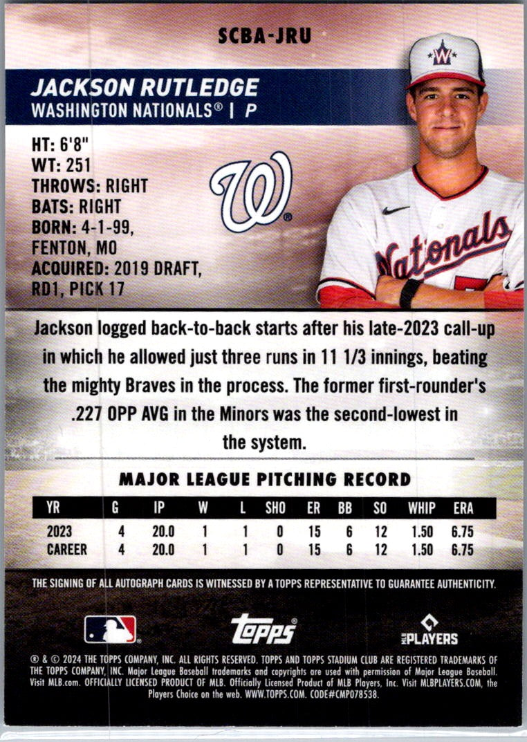 2024 Topps Stadium Club Jackson Rutledge #SCBA-JRU RC Auto