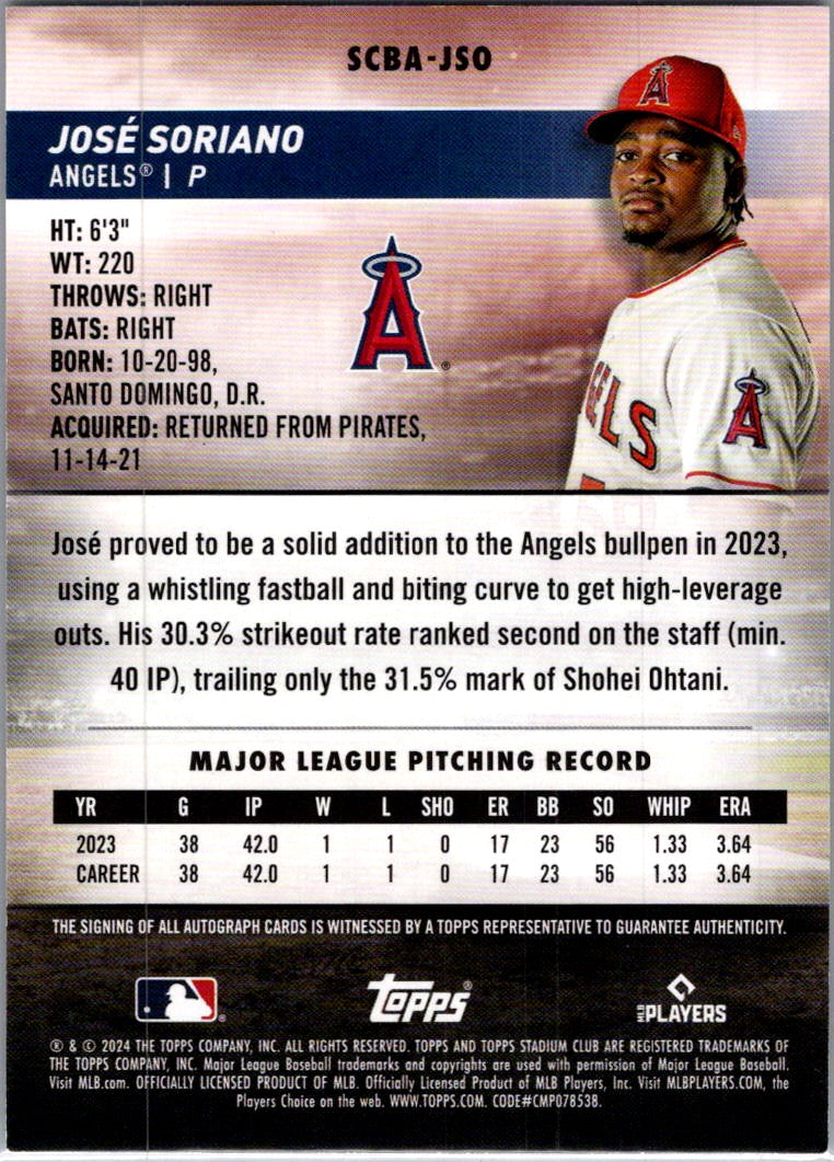 2024 Topps Stadium Club José Soriano #SCBA-JSO RC Auto