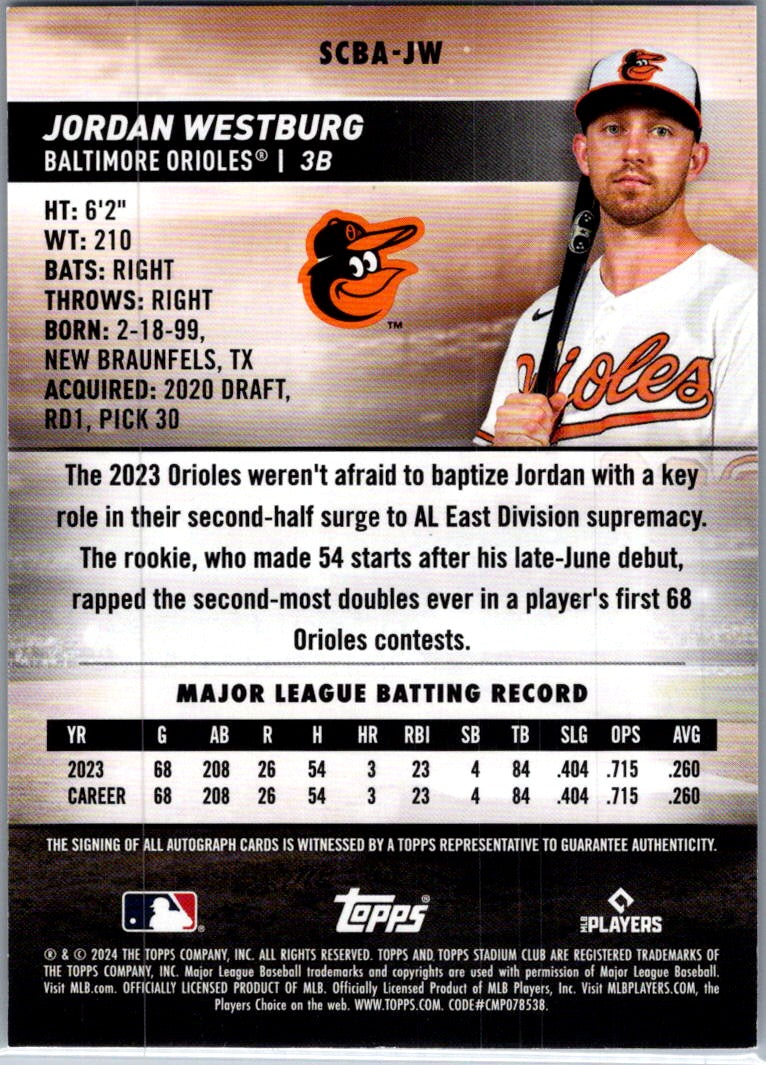 2024 Topps Stadium Club Jordan Westburg #SCBA-JW RC Auto