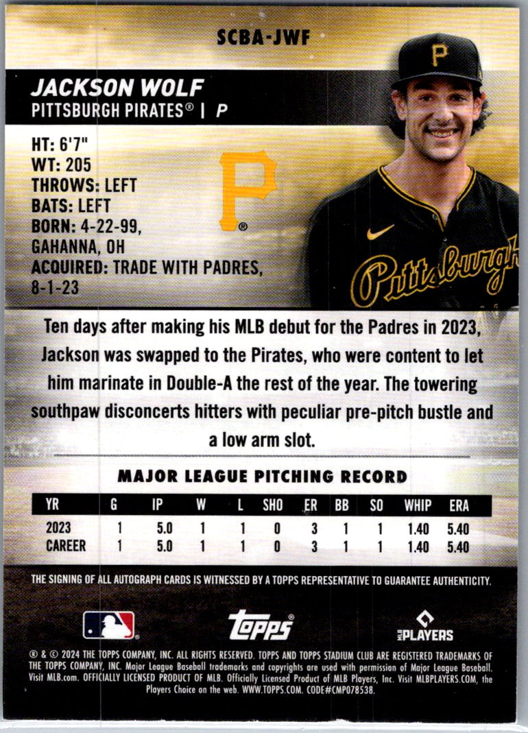 2024 Topps Stadium Club Jackson Wolf #SCBA-JWF Auto