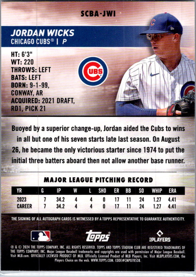 2024 Topps Stadium Club Jordan Wicks #SCBA-JWI RC Auto