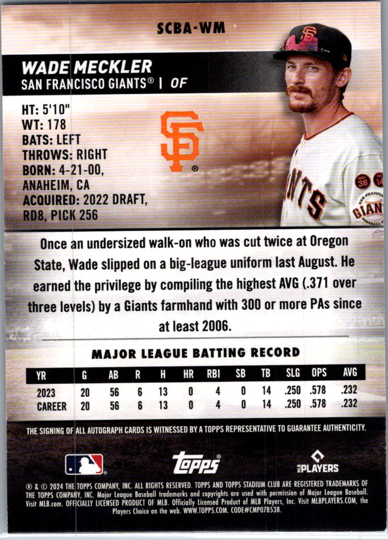 2024 Topps Stadium Club Wade Meckler #SCBA-WM Auto