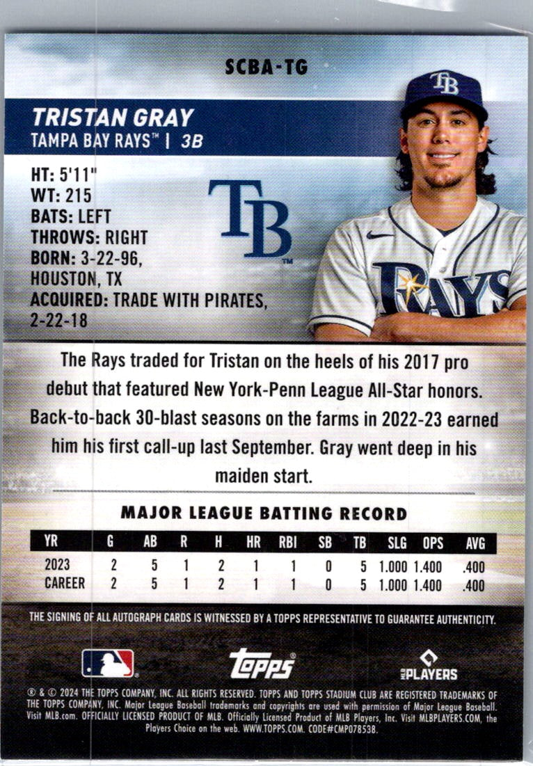 2024 Topps Stadium Club Tristan Gray #SCBA-TG RC Auto