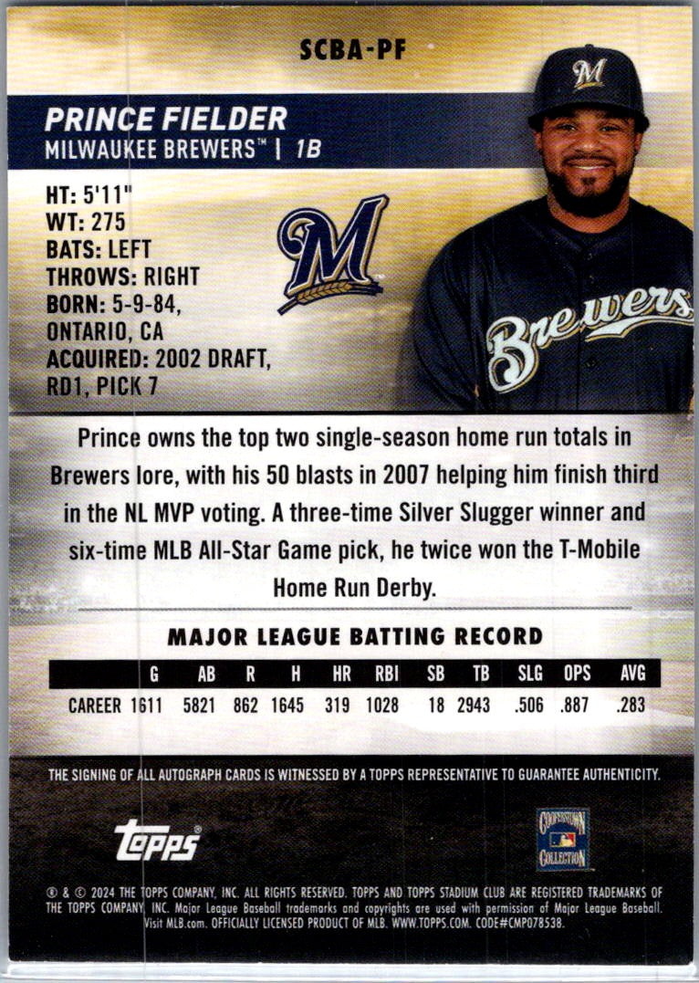 2024 Topps Stadium Club Prince Fielder #SCBA-PF Auto