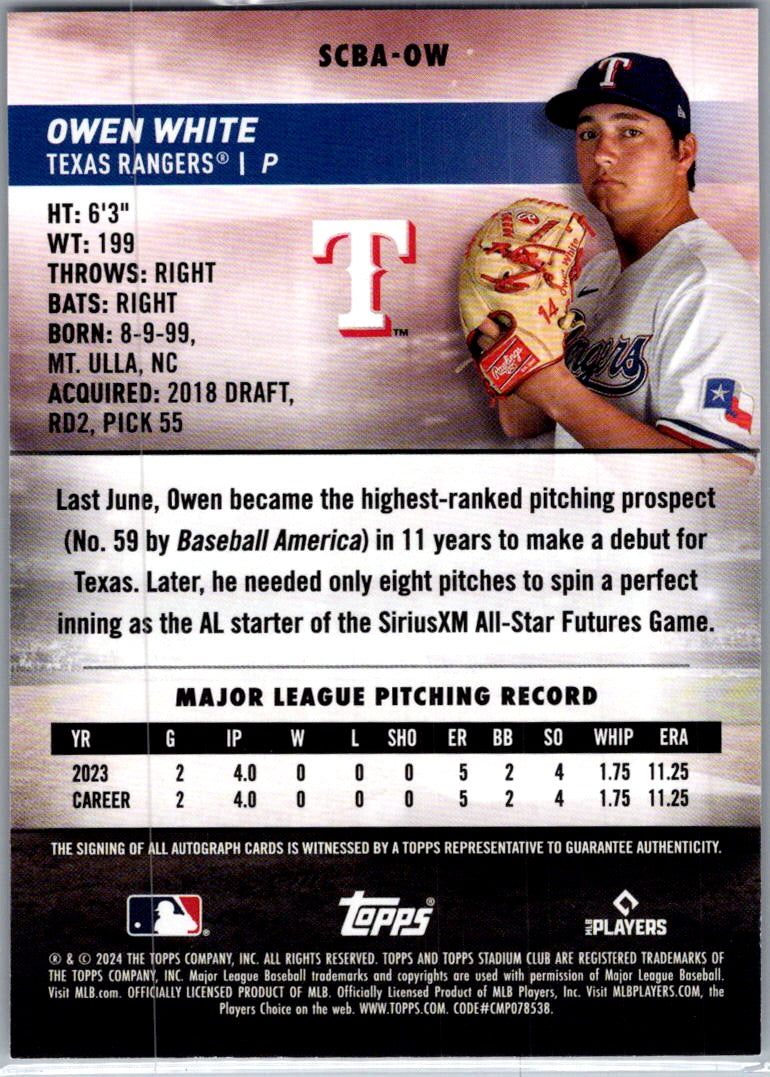 2024 Topps Stadium Club Owen White #SCBA-OW RC Auto