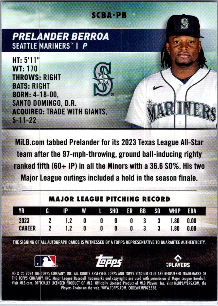 2024 Topps Stadium Club Prelander Berroa #SCBA-PB RC Auto
