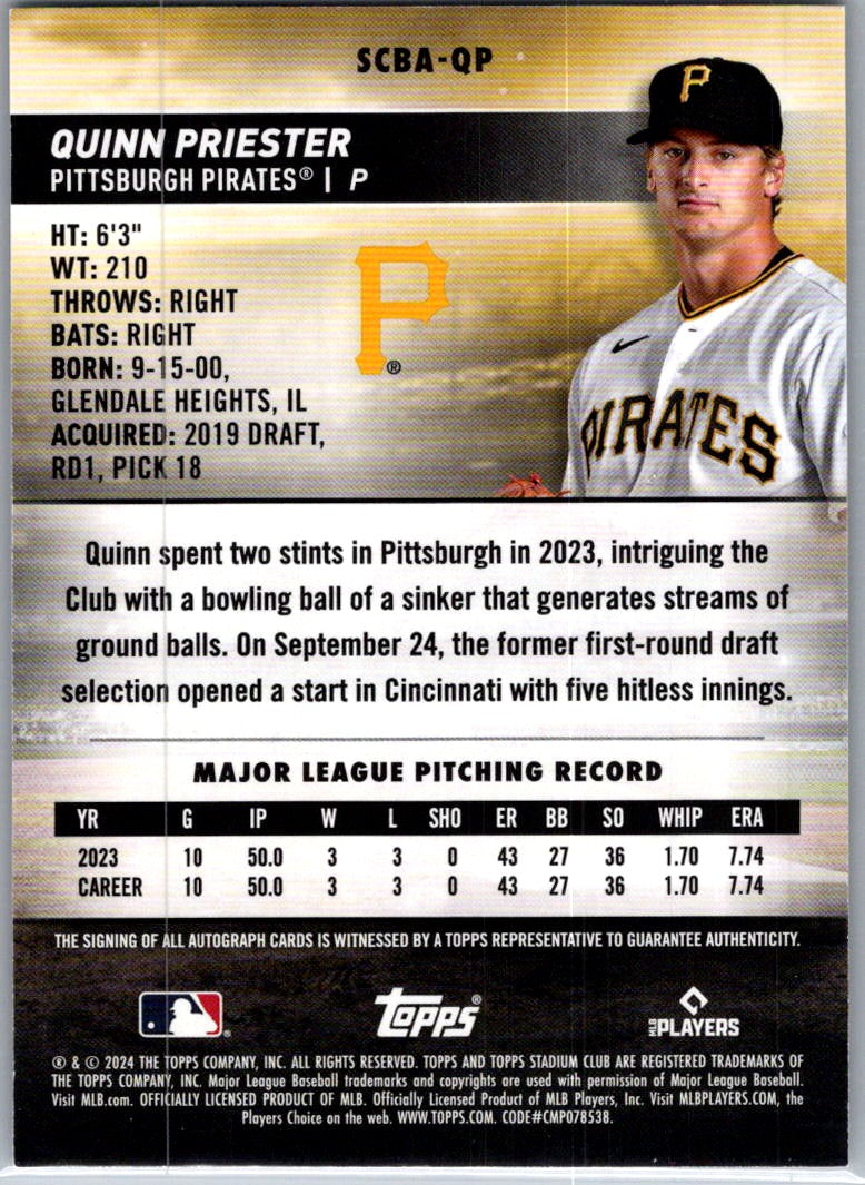 2024 Topps Stadium Club Quinn Priester #SCBA-QP RC Auto