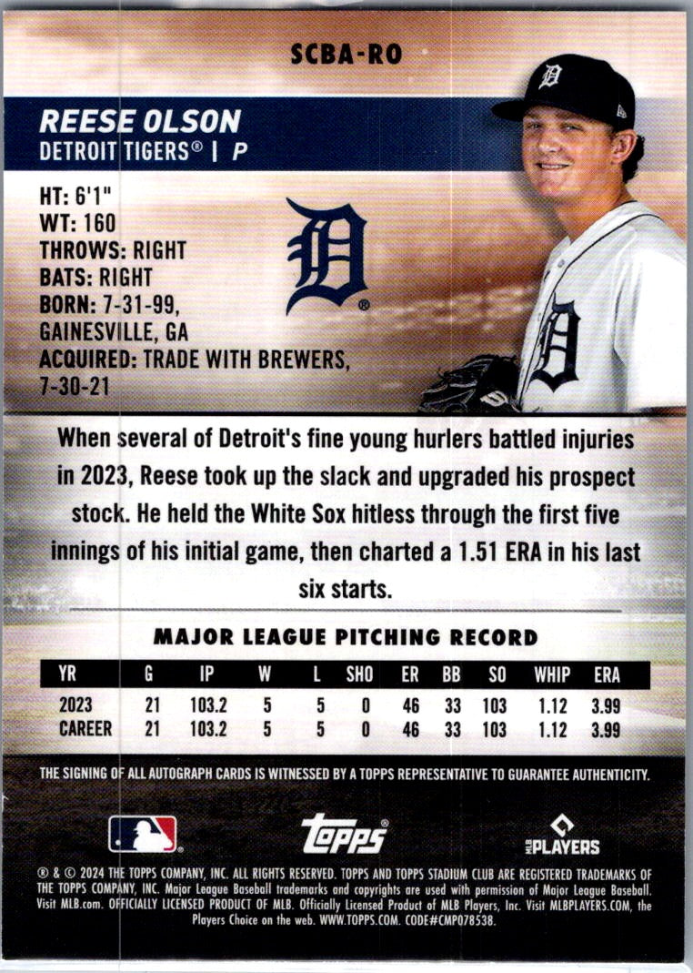 2024 Topps Stadium Club Reese Olson #SCBA-RO RC Auto
