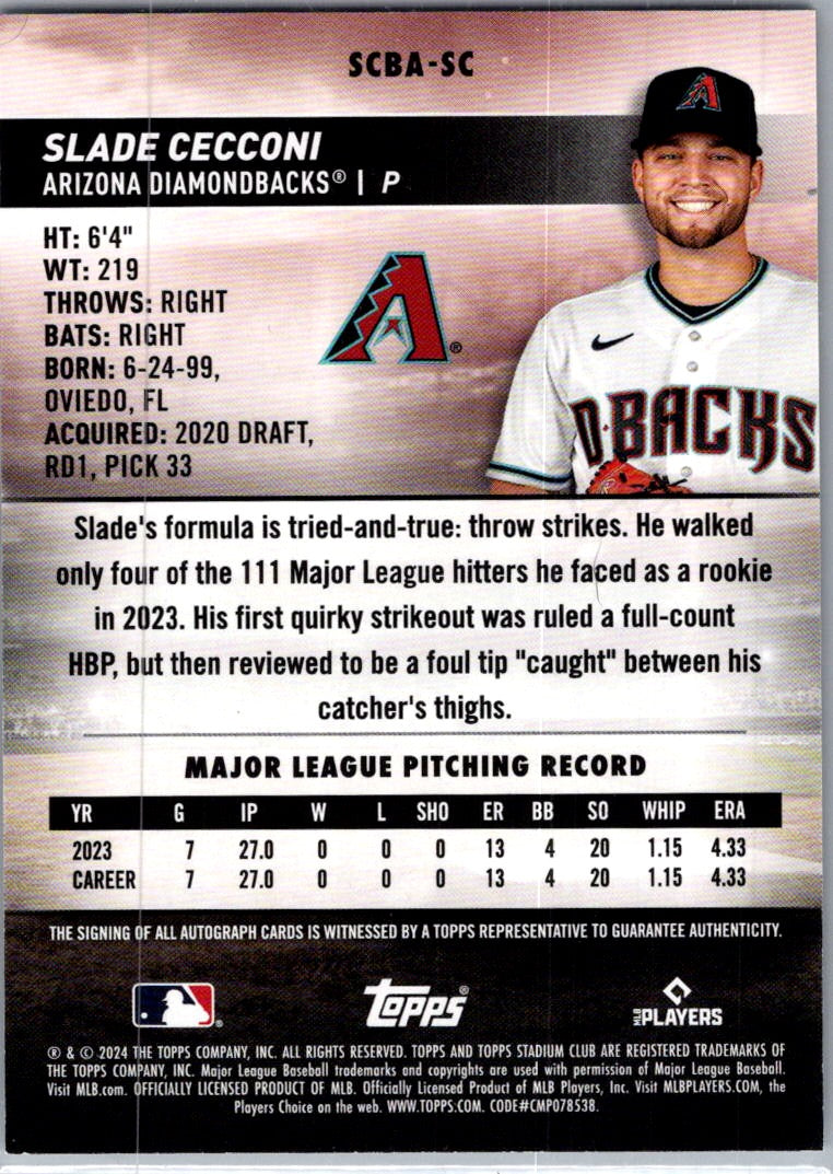 2024 Topps Stadium Club Slade Cecconi #SCBA-SC RC Auto