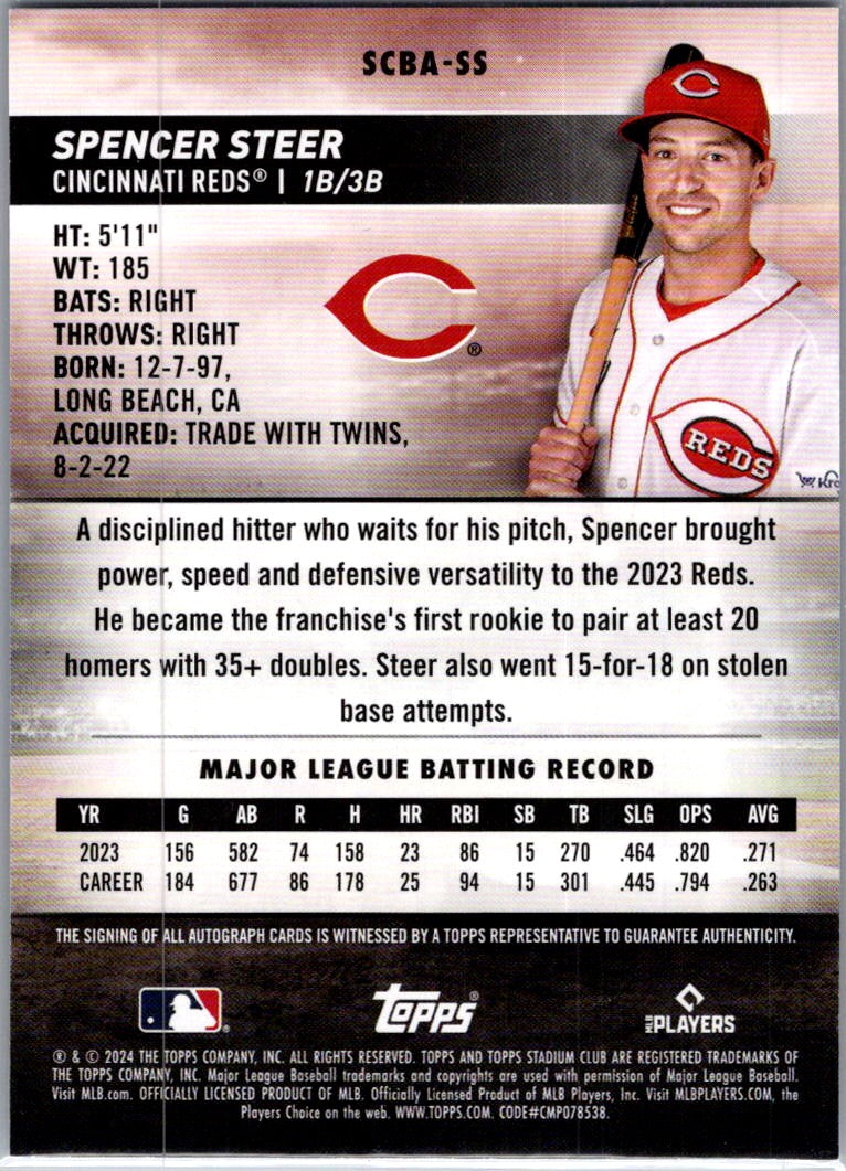 2024 Topps Stadium Club Spencer Steer #SCBA-SS Auto