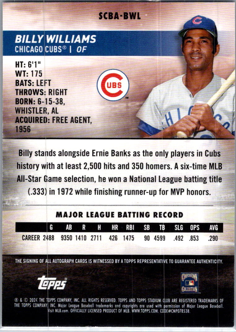 2024 Topps Stadium Club Billy Williams #SCBA-BWL Auto