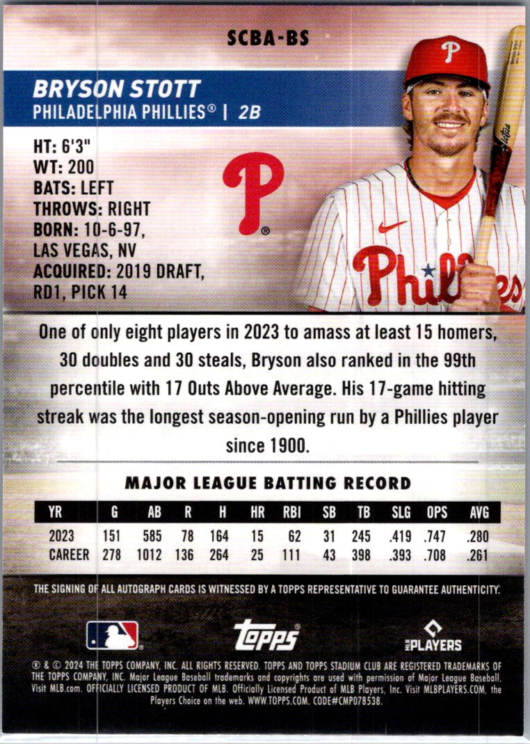 2024 Topps Stadium Club Bryson Stott #SCBA-BS Auto