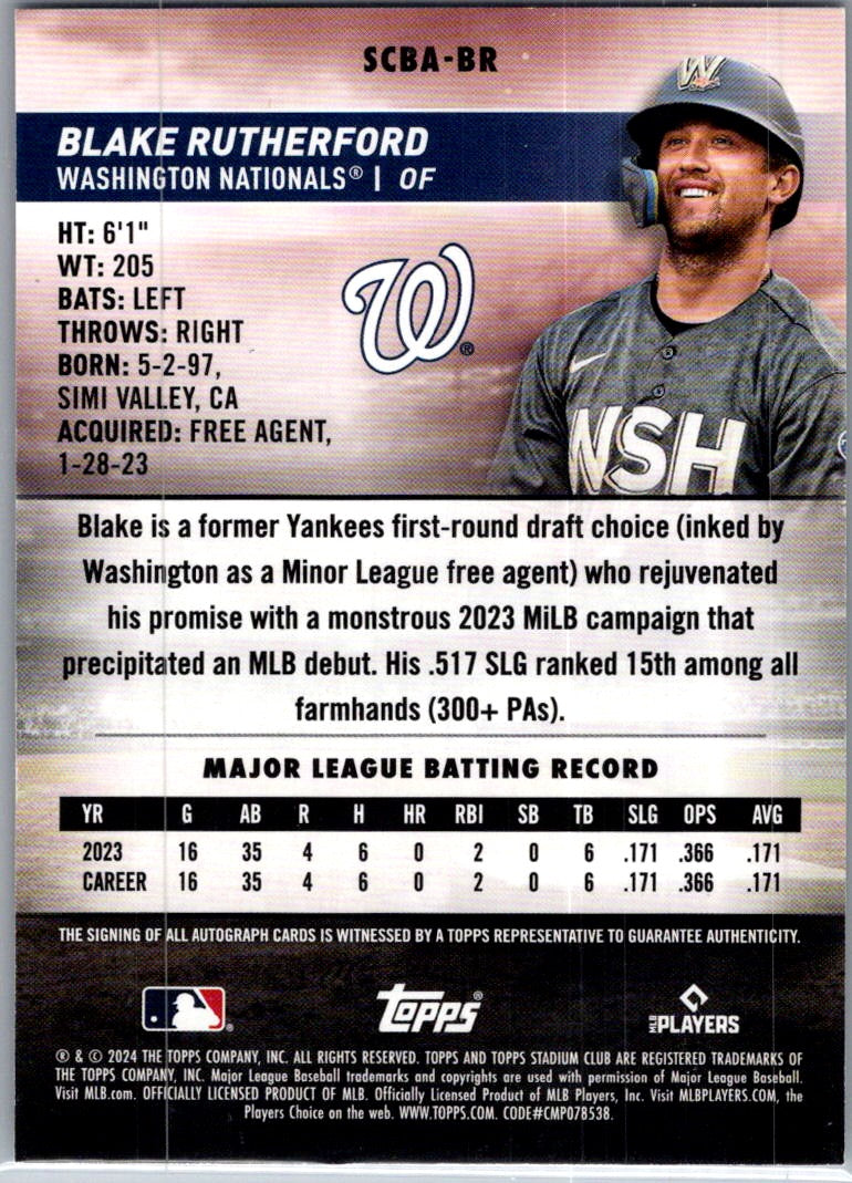 2024 Topps Stadium Club Blake Rutherford #SCBA-BR RC Auto