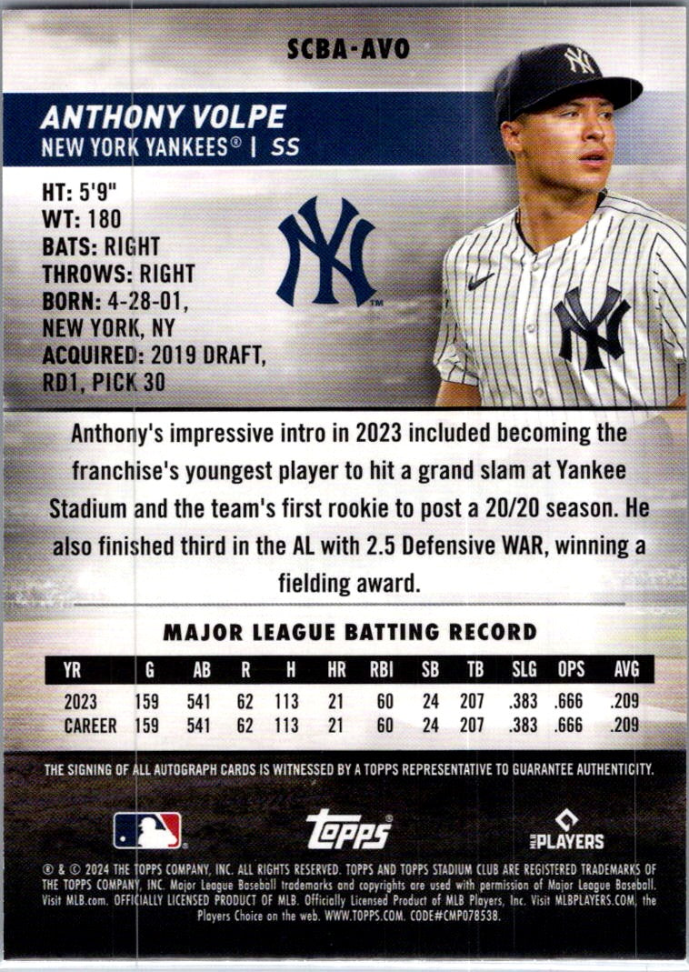 2024 Topps Stadium Club Anthony Volpe #SCBA-AVO Auto