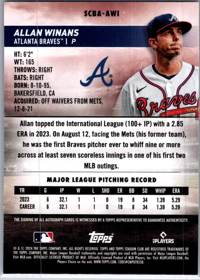2024 Topps Stadium Club Allan Winans #SCBA-AWI RC Auto