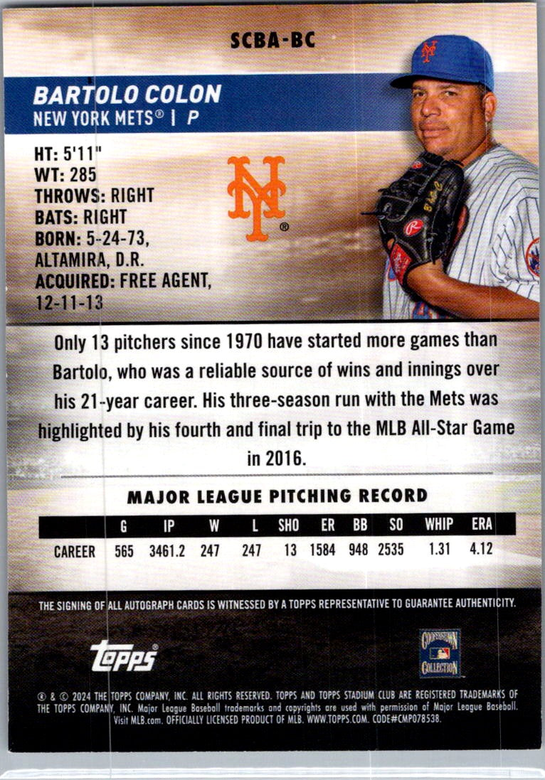2024 Topps Stadium Club Bartolo Colon #SCBA-BC Auto
