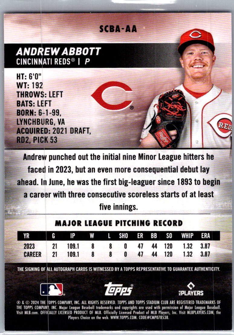 2024 Topps Stadium Club Andrew Abbott #SCBA-AA RC Auto