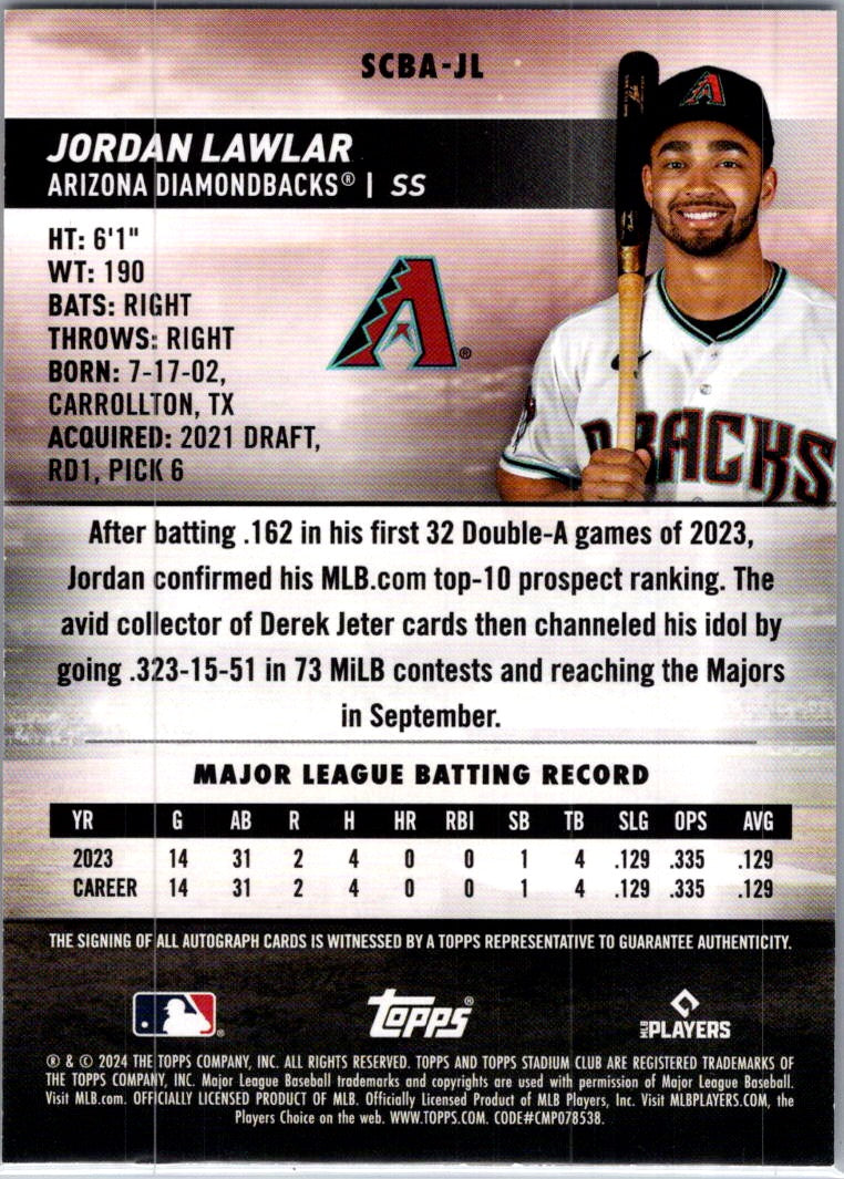 2024 Topps Stadium Club Jordan Lawlar #SCBA-JL RC Auto