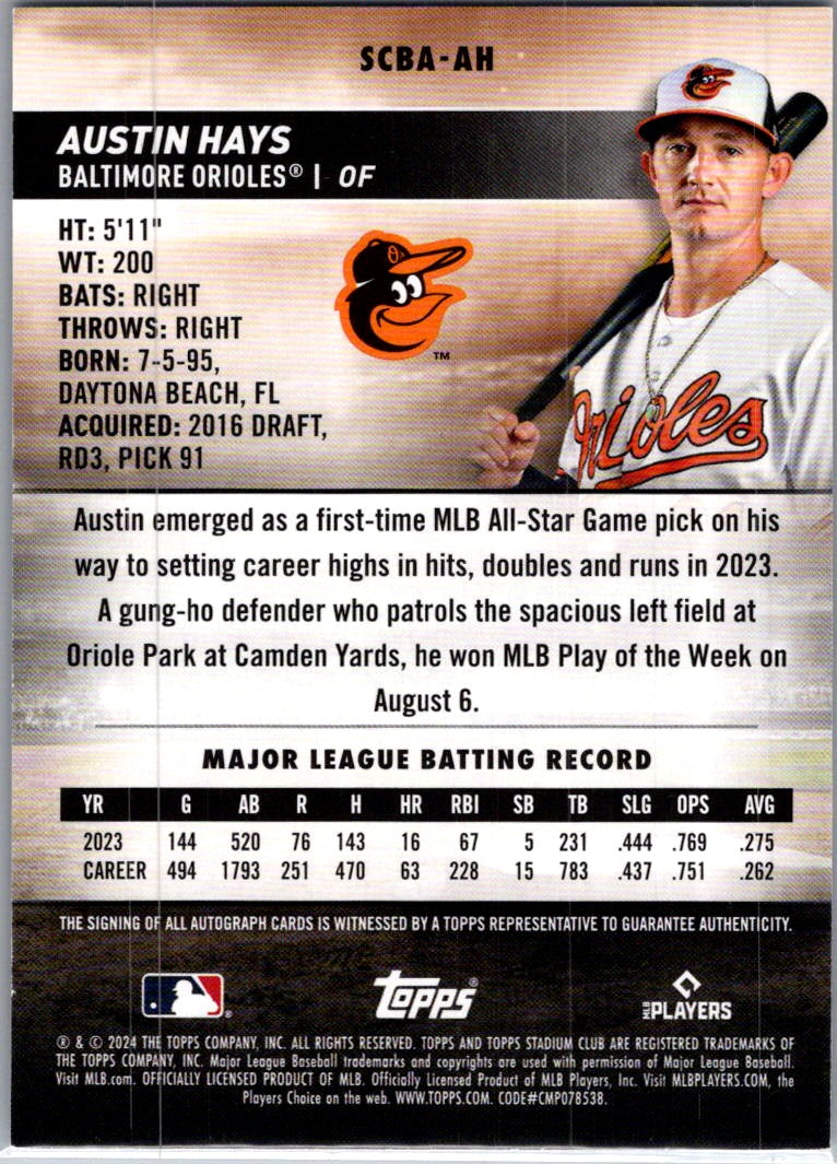 2024 Topps Stadium Club Austin Hays #SCBA-AH Auto