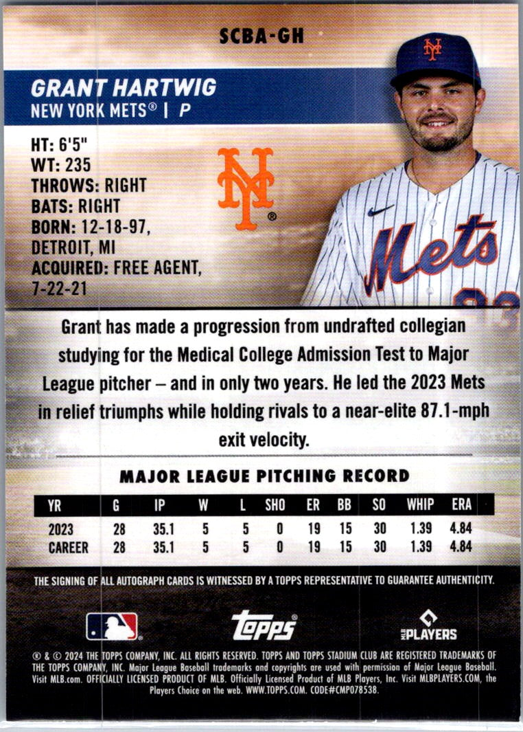 2024 Topps Stadium Club Grant Hartwig #SCBA-GH RC Auto
