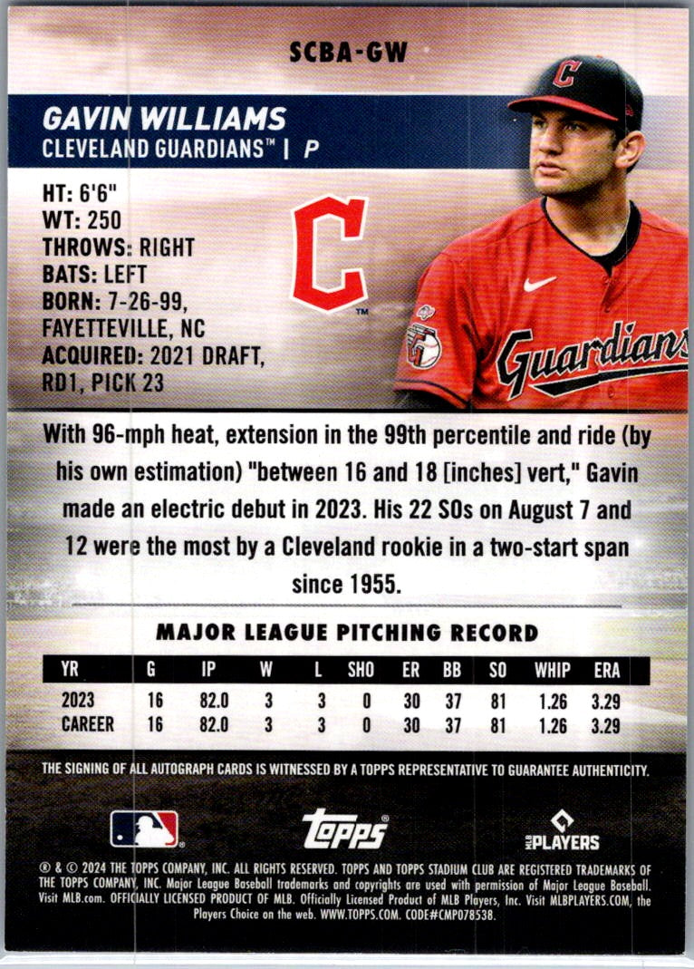 2024 Topps Stadium Club Gavin Williams #SCBA-GW RC Auto
