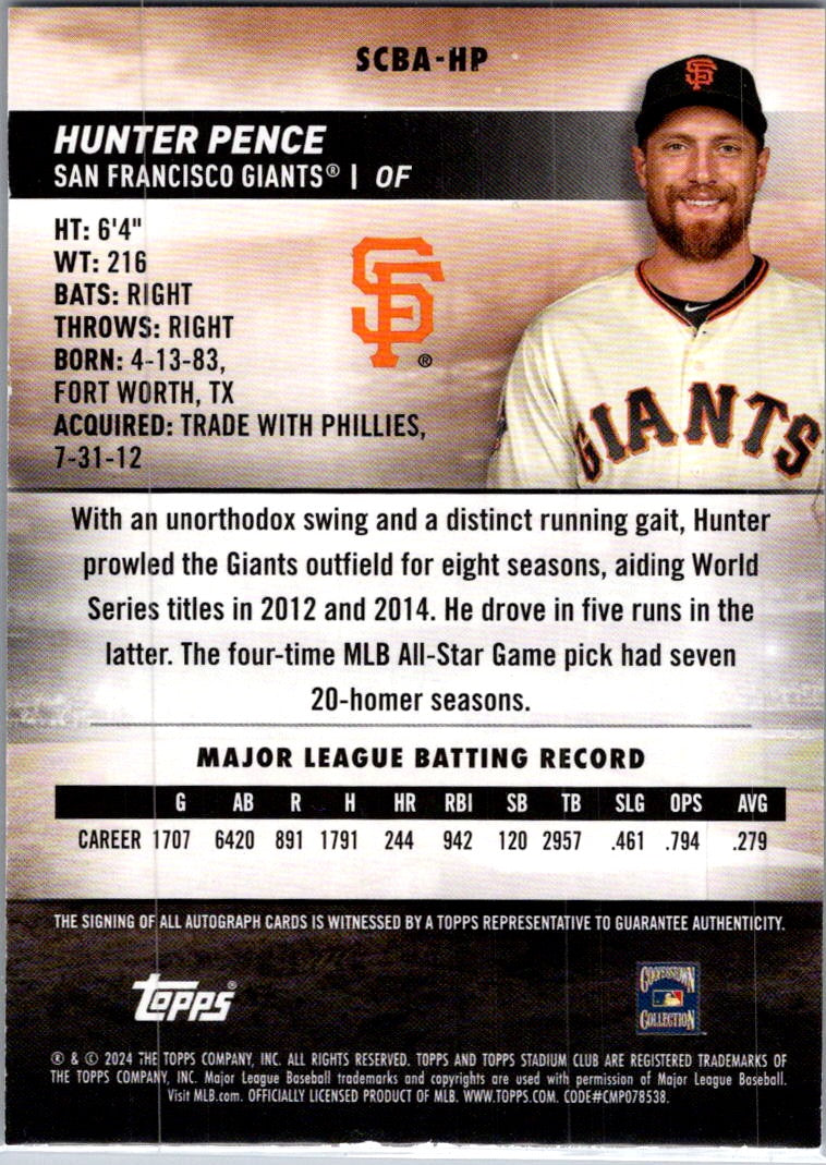 2024 Topps Stadium Club Hunter Pence #SCBA-HP Auto