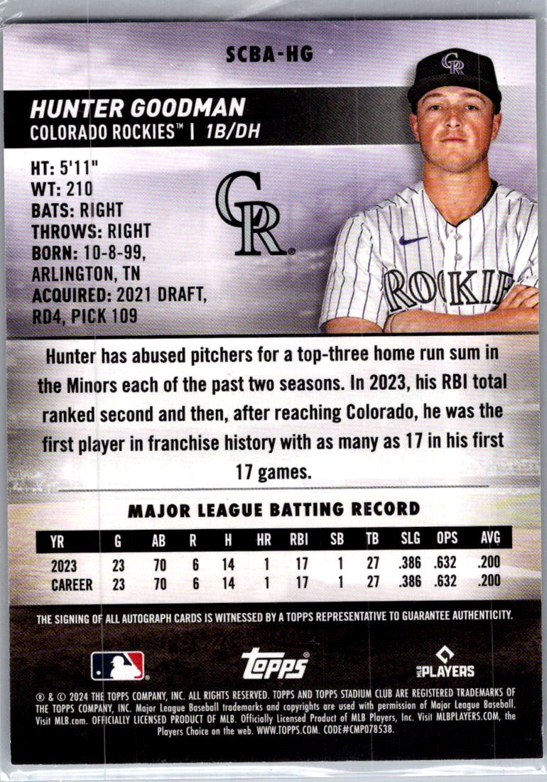 2024 Topps Stadium Club Hunter Goodman #SCBA-HG RC Auto