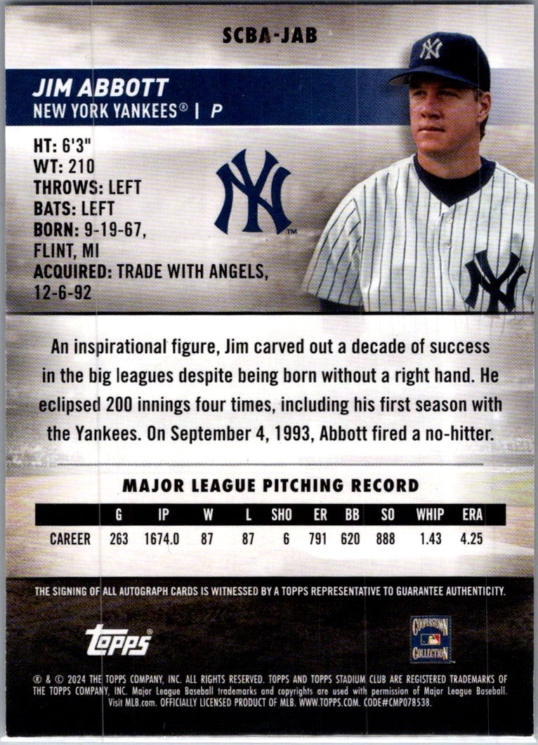 2024 Topps Stadium Club Jim Abbott #SCBA-JAB Auto