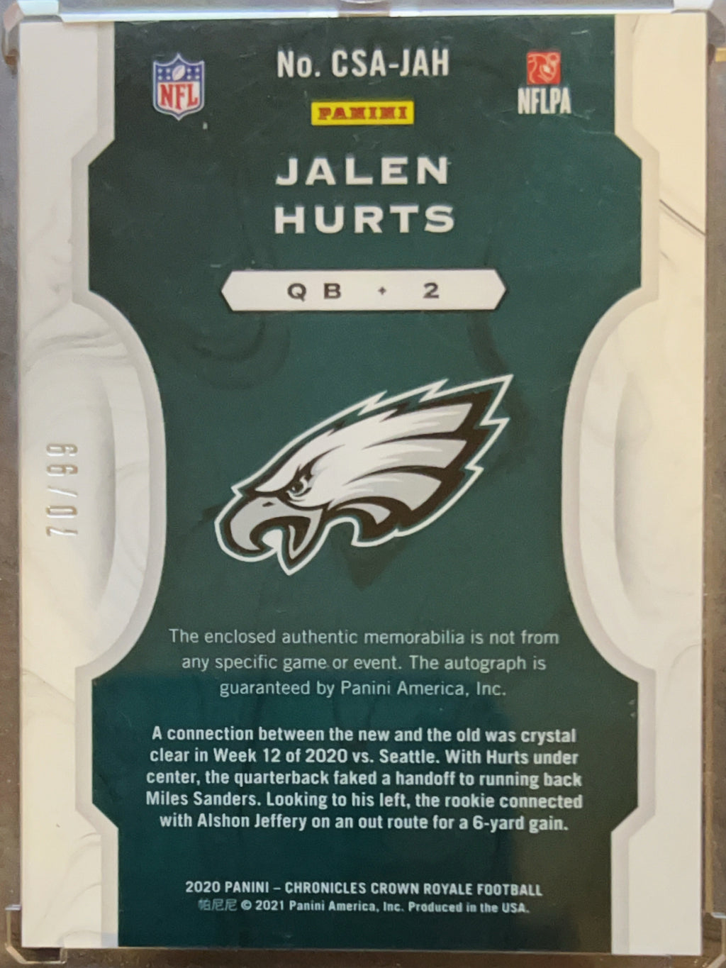 2021 Panini Chronicles Crown Royale Football Jalen Hurts #CSA-JAH /99 RC Auto