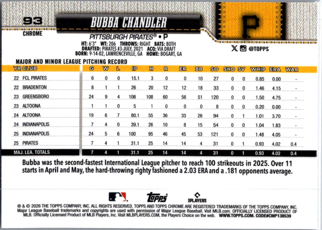 2026 Topps Chrome Bubba Chandler #93 Wave Refractor RC