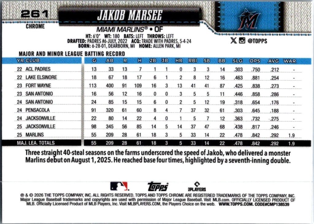 2026 Topps Chrome Jakob Marsee #261 Aqua Wave Refractor /199 RC