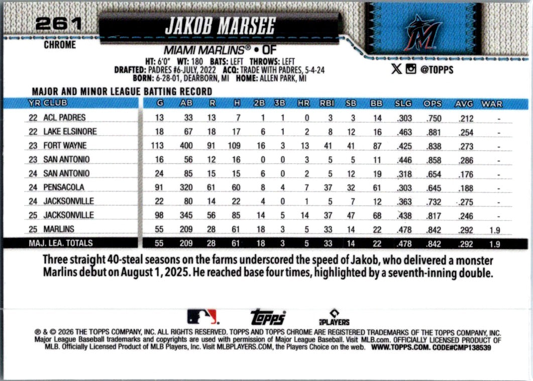 2026 Topps Chrome Jakob Marsee #261 Aqua Wave Refractor /199 RC