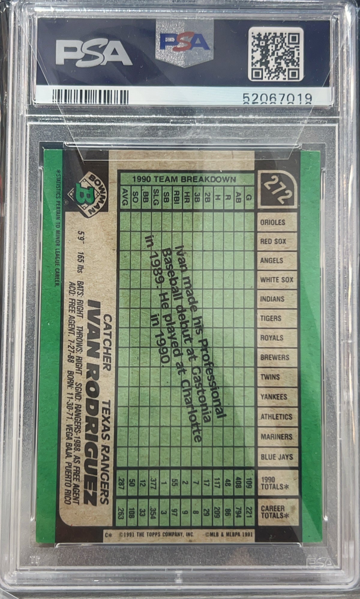 1991 Bowman Ivan Rodriguez #272 PSA 9