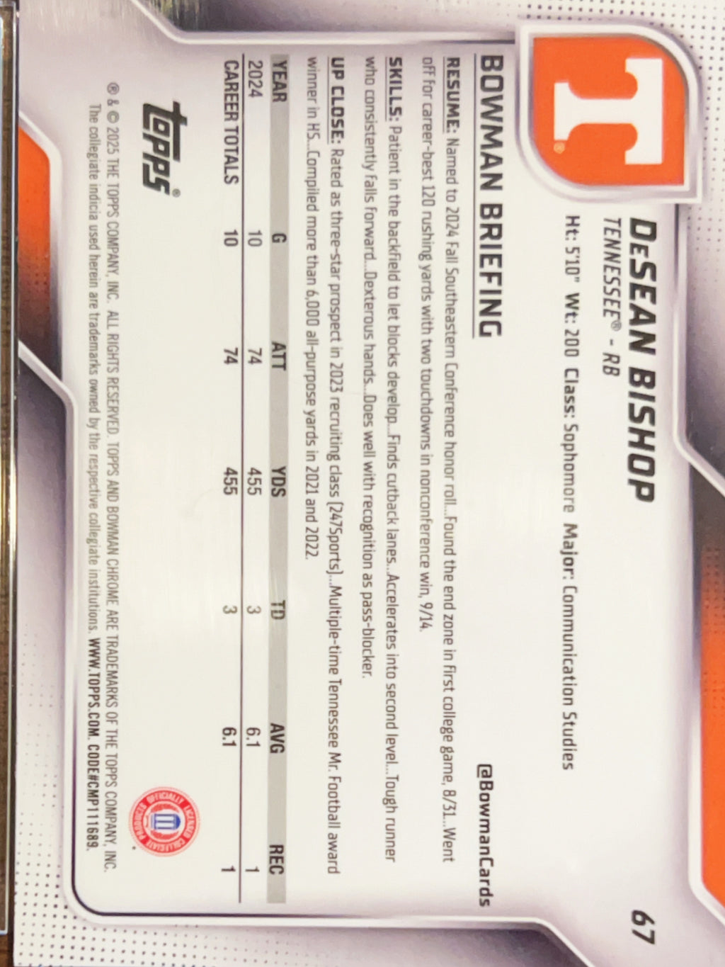 2025 Bowman Chrome University DeSean Bishop #67 Pink Wave Refractor 1st Bowman
