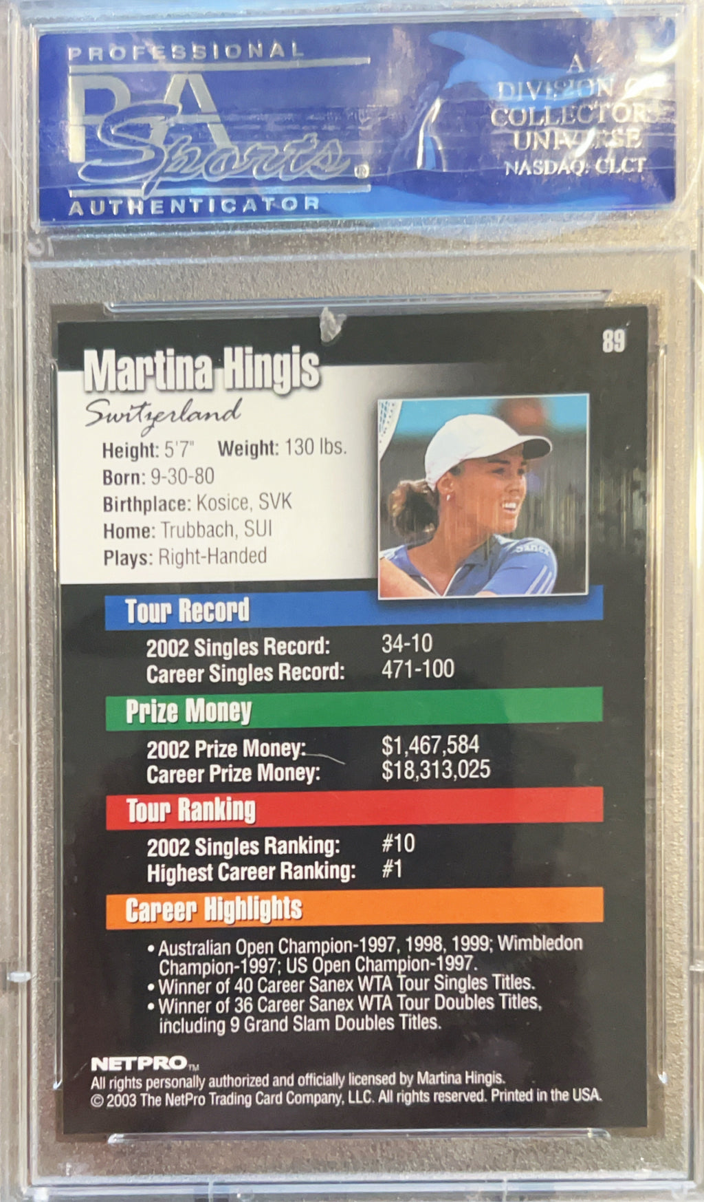 2003 Netpro Martina Hingis #89 Rookie PSA 8