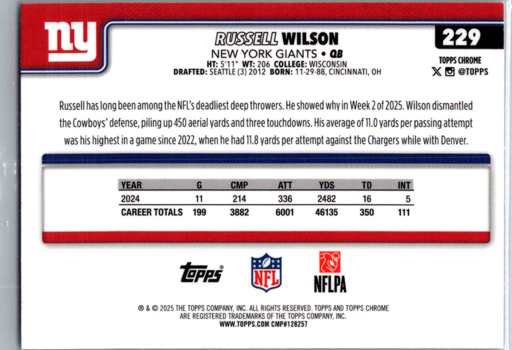2025 Topps Chrome Russell Wilson #229 Yellow X-Fractor