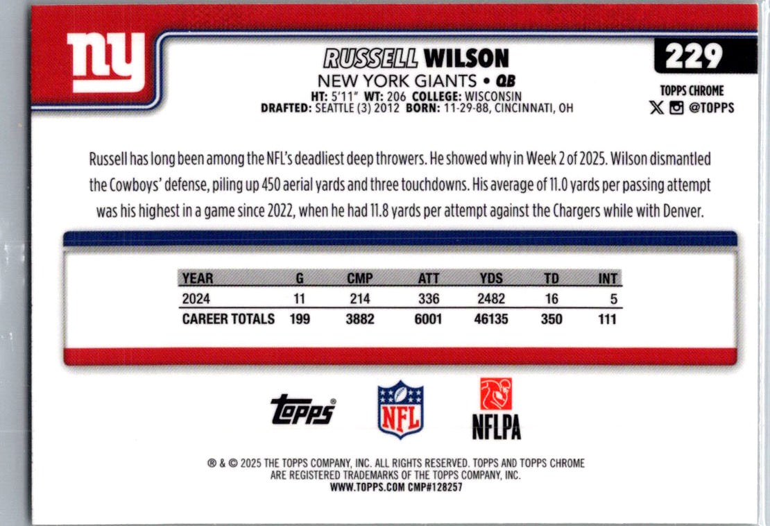 2025 Topps Chrome Russell Wilson #229 Yellow X-Fractor