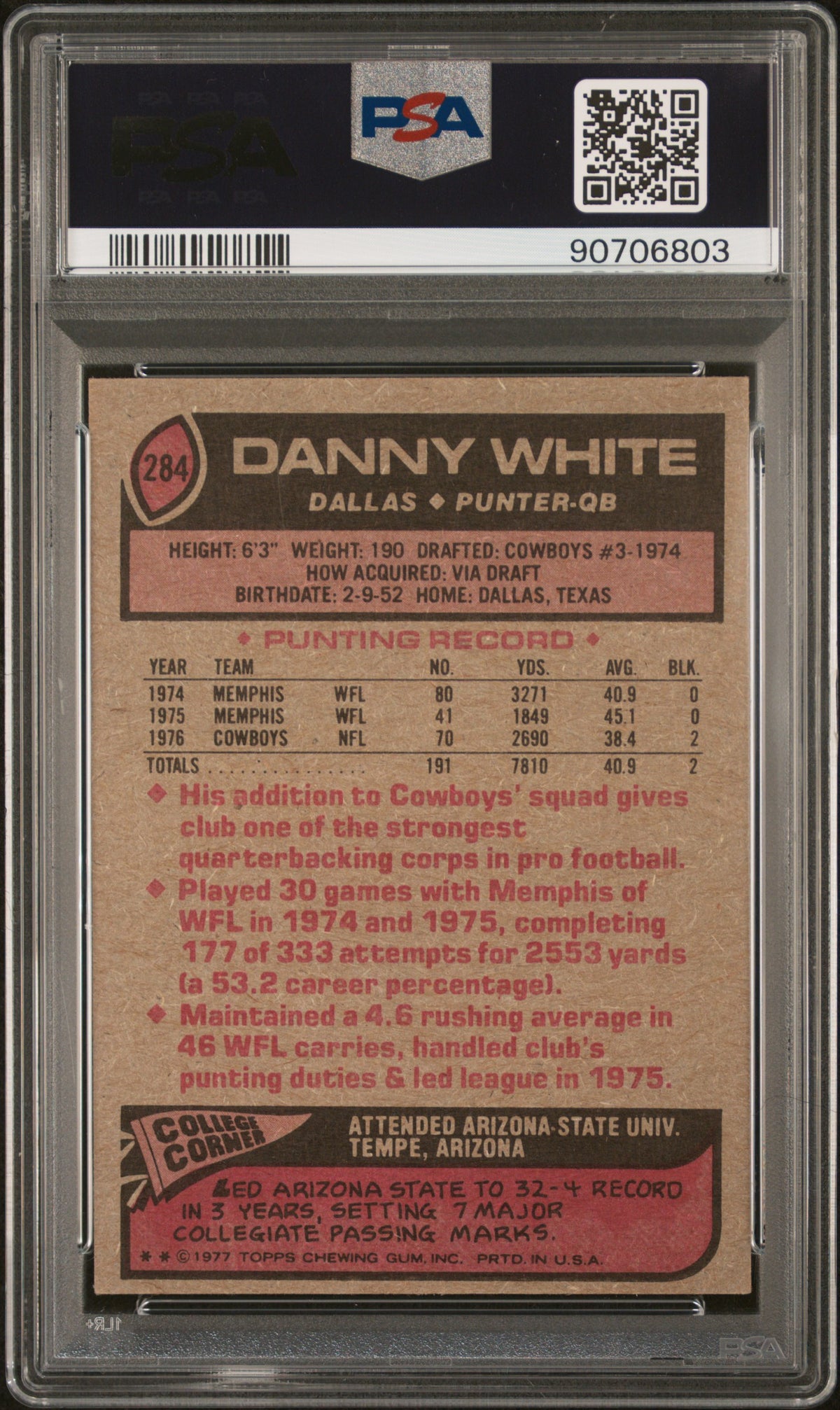 1977 Topps Danny White #284 PSA 6