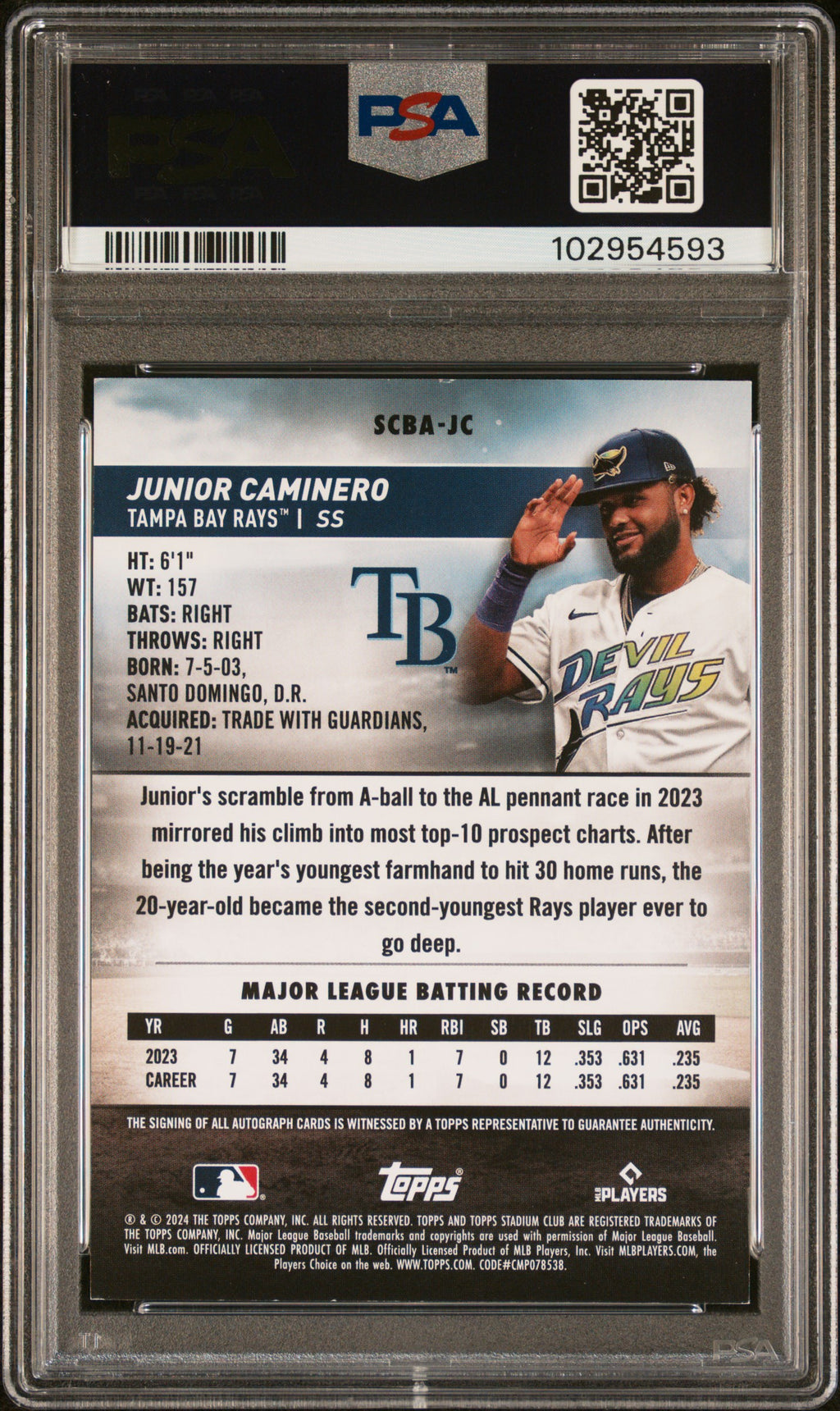 2024 Topps Stadium Club Base Autographs Junior Caminero #SCBAJC PSA 8Auto