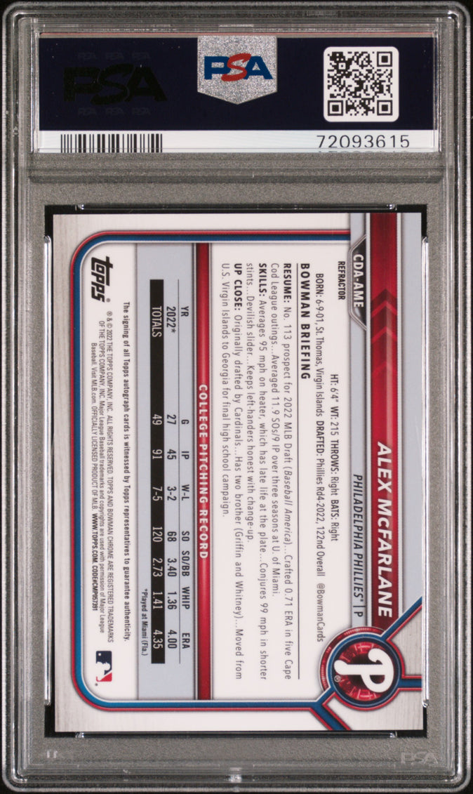2022 Bowman Chrome Draft Autographs Alex Mcfarlane #CDAAME Refractor /499 PSA 9