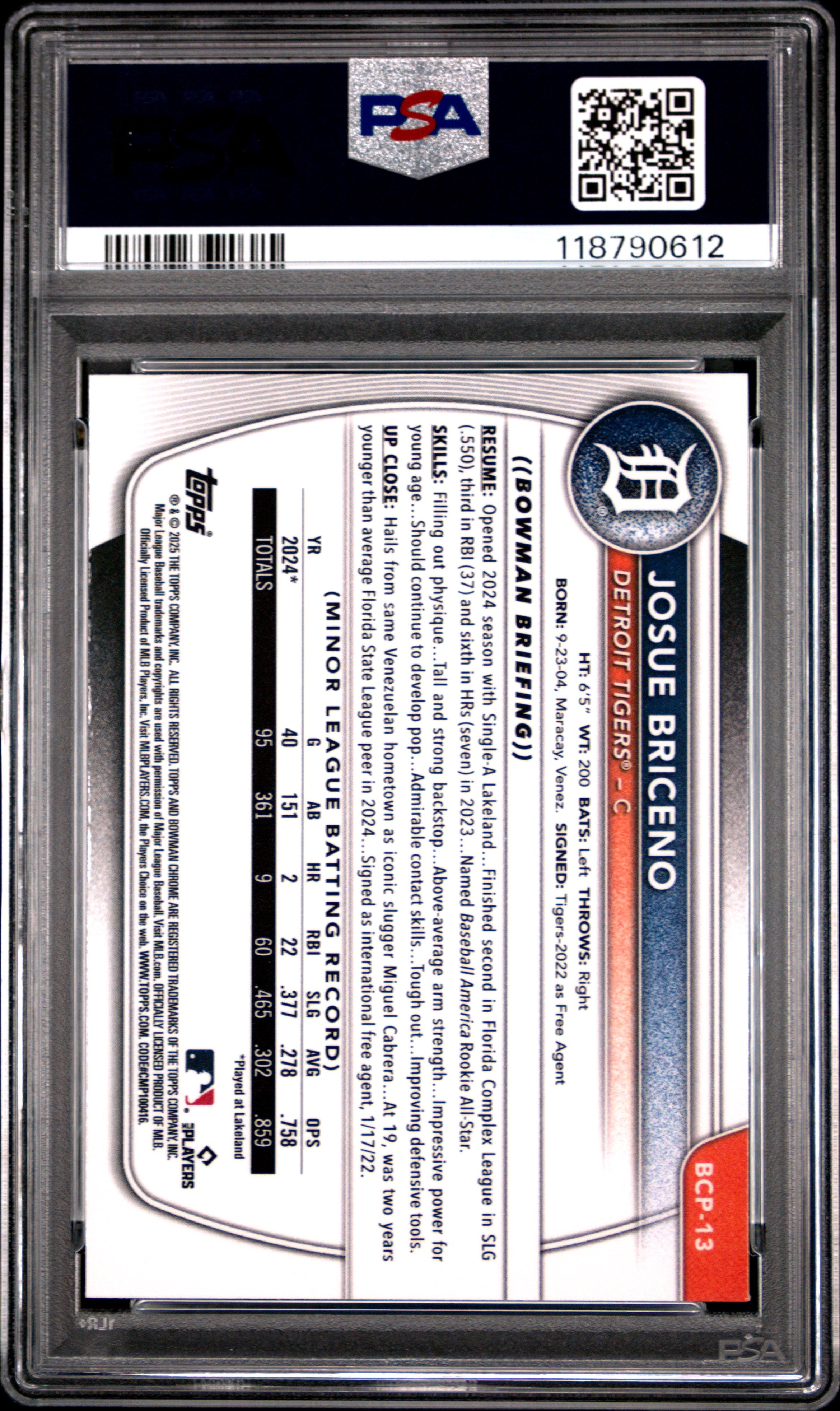 2025 Bowman Chrome Prospects Josue Briceno #BCP13 Reptilian Ref Rookie PSA 9