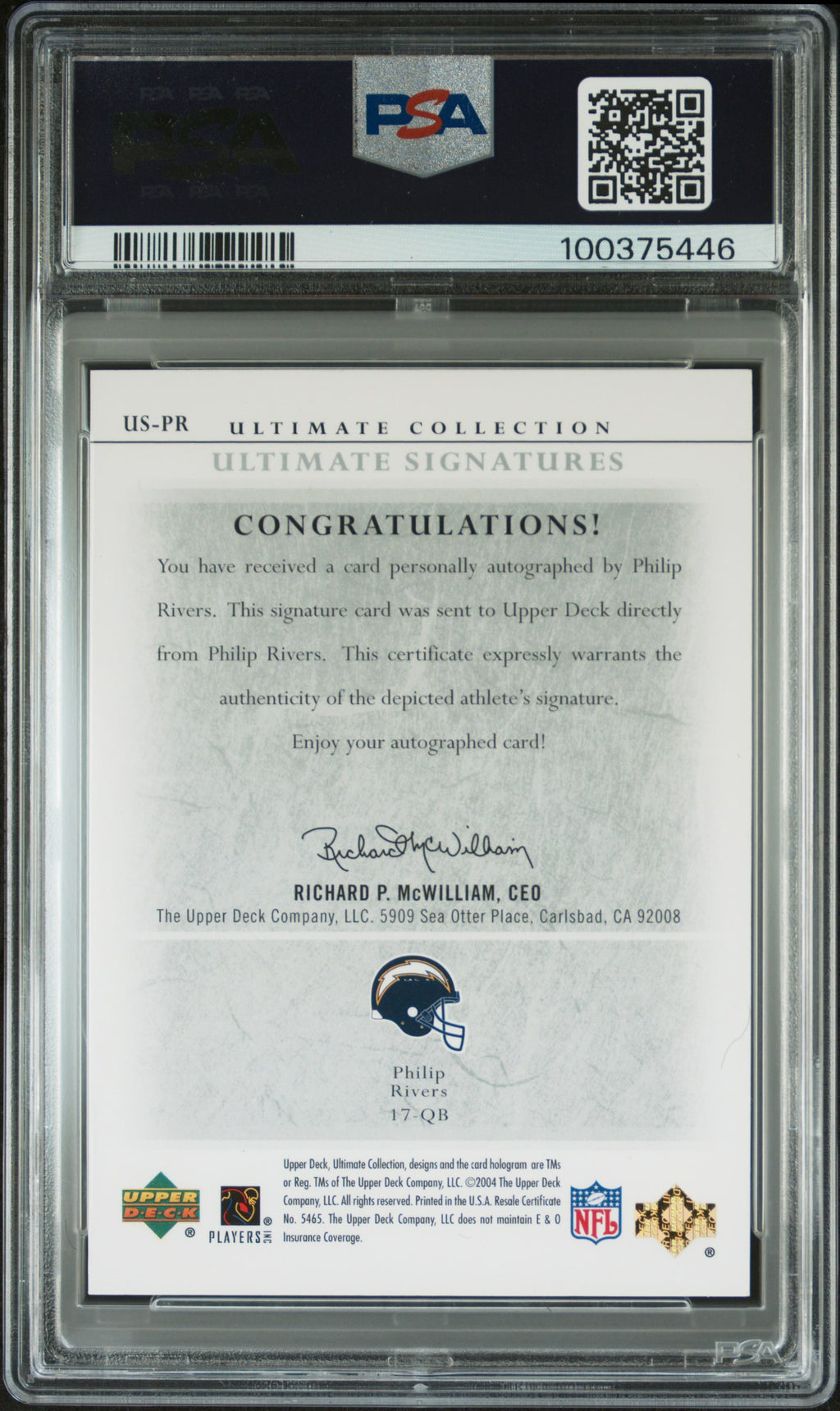 2004 Ultimate Collection Ultimate Signatures Philip Rivers #US-PR /275 PSA 9