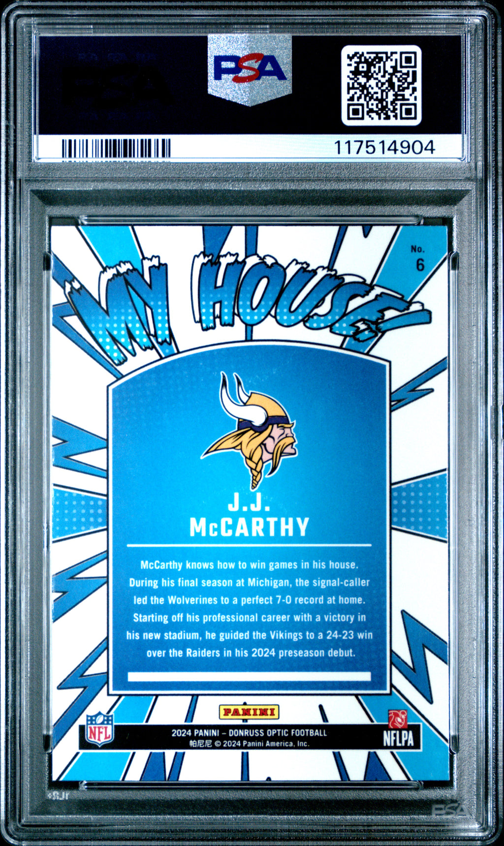 2024 Panini Donruss Optic My House! JJ Mccarthy #6 RC PSA 10