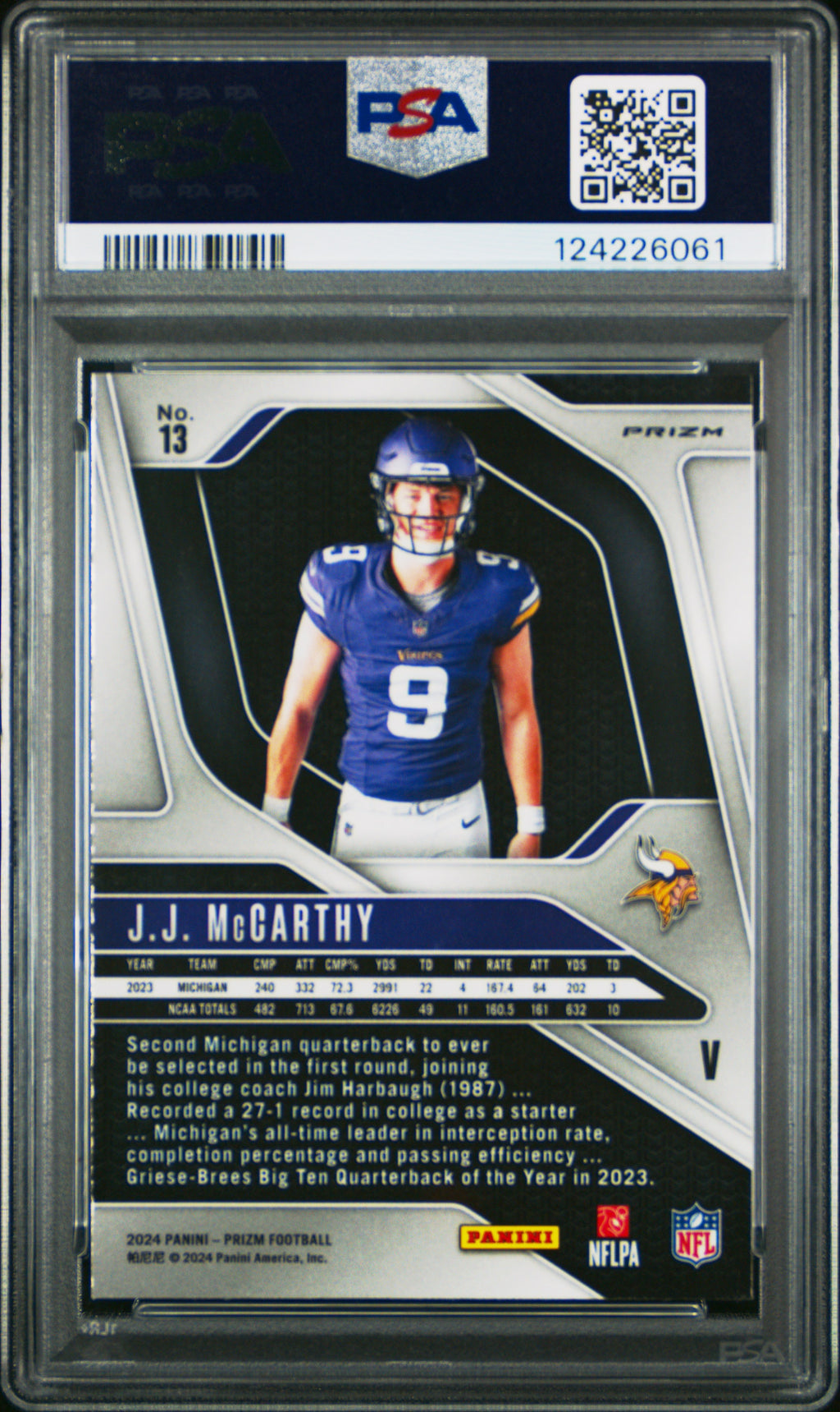 2024 Panini Prizm Rookie Variation JJ Mccarthy #13 PSA 9