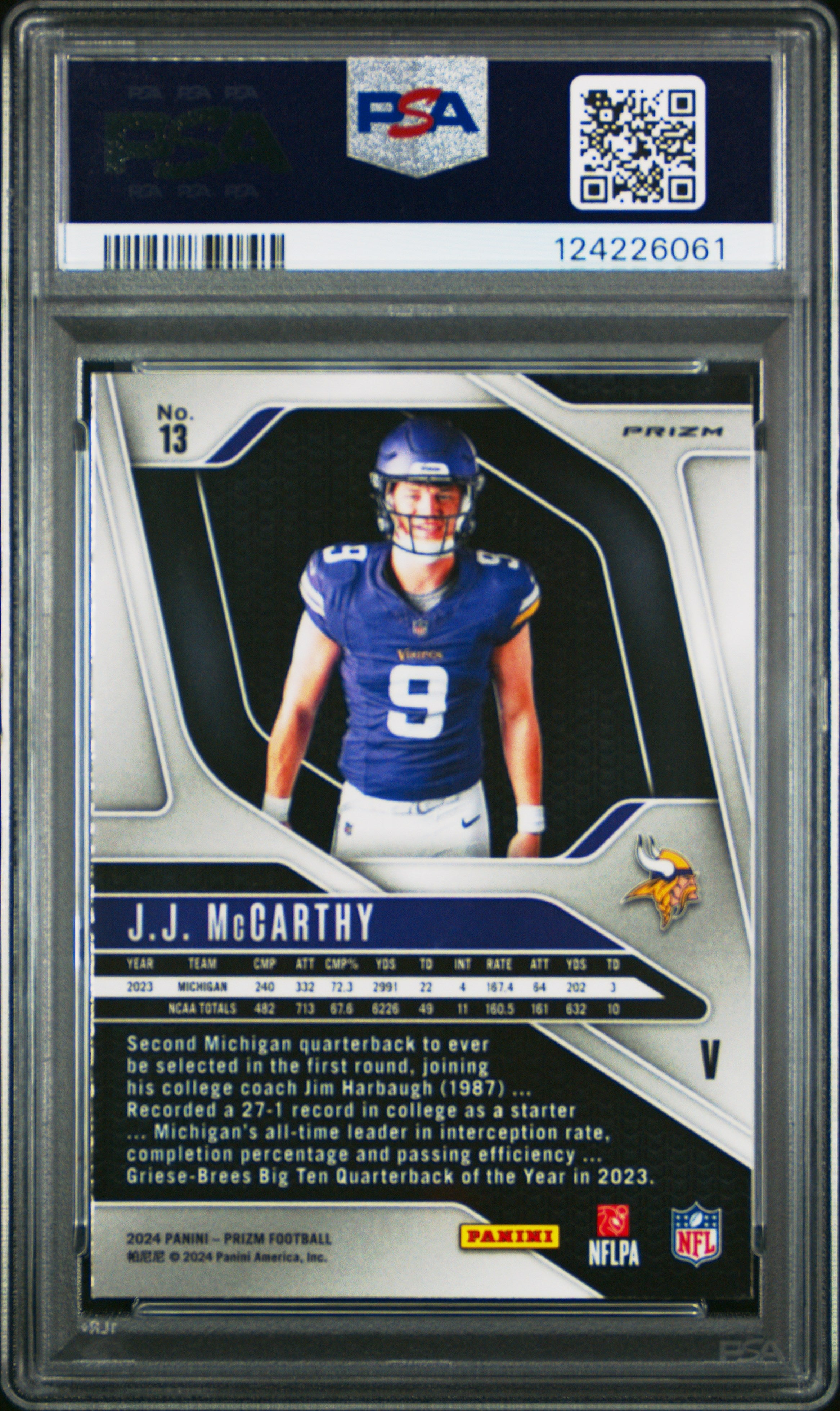 2024 Panini Prizm Rookie Variation JJ Mccarthy #13 PSA 9