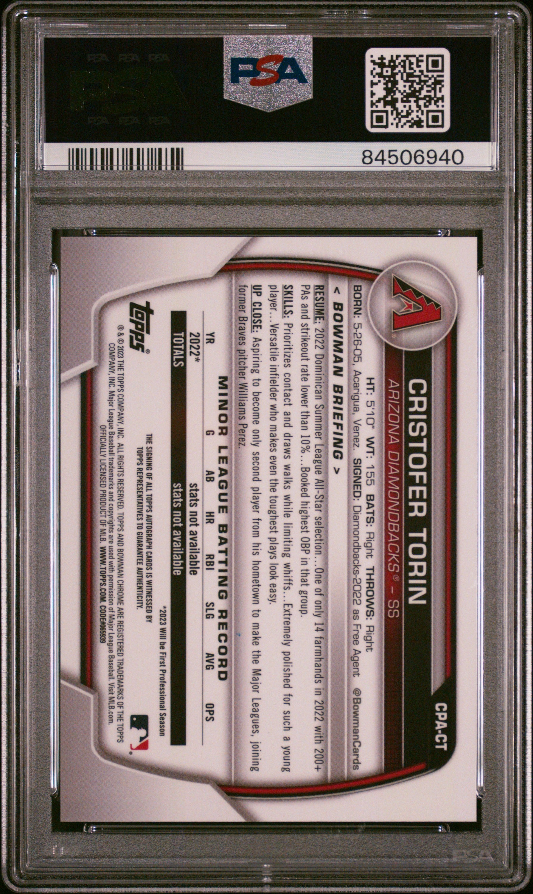 2023 Bowman Chrome Prospect Autographs Cristofer Torin #CPACT PSA 10