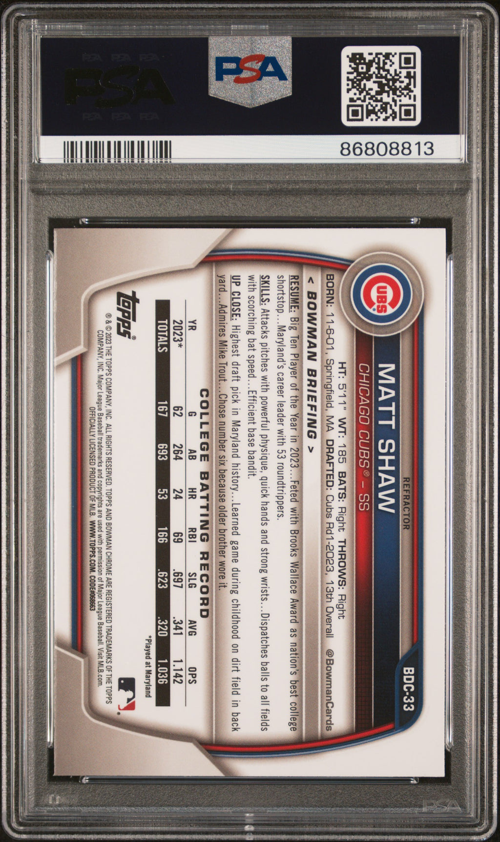 2023 Bowman Draft Matt Shaw #BDC33 Chrome Refractor PSA 10