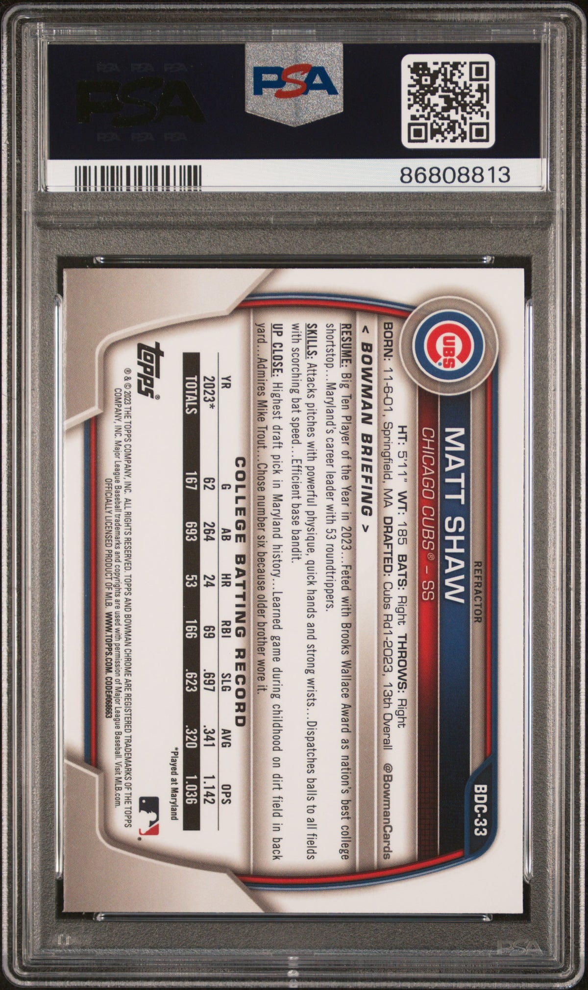 2023 Bowman Draft Matt Shaw #BDC33 Chrome Refractor PSA 10