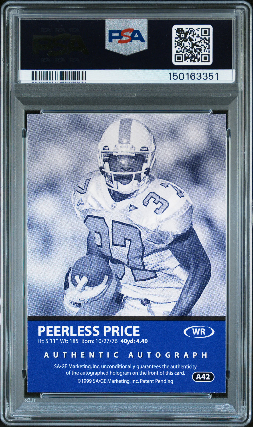 1999 Sa-Ge Autographs Peerless Price #A42 Silver /93 POP 1 PSA A Auto 10